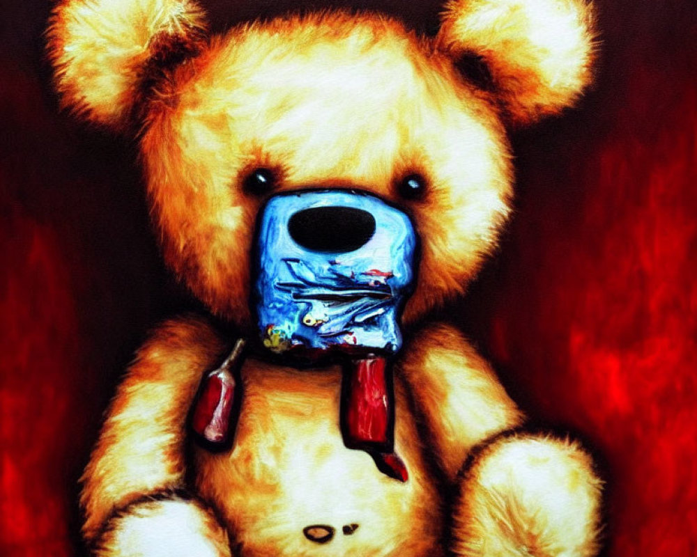 Sorrowful teddy bear painting with blue patch and red streak