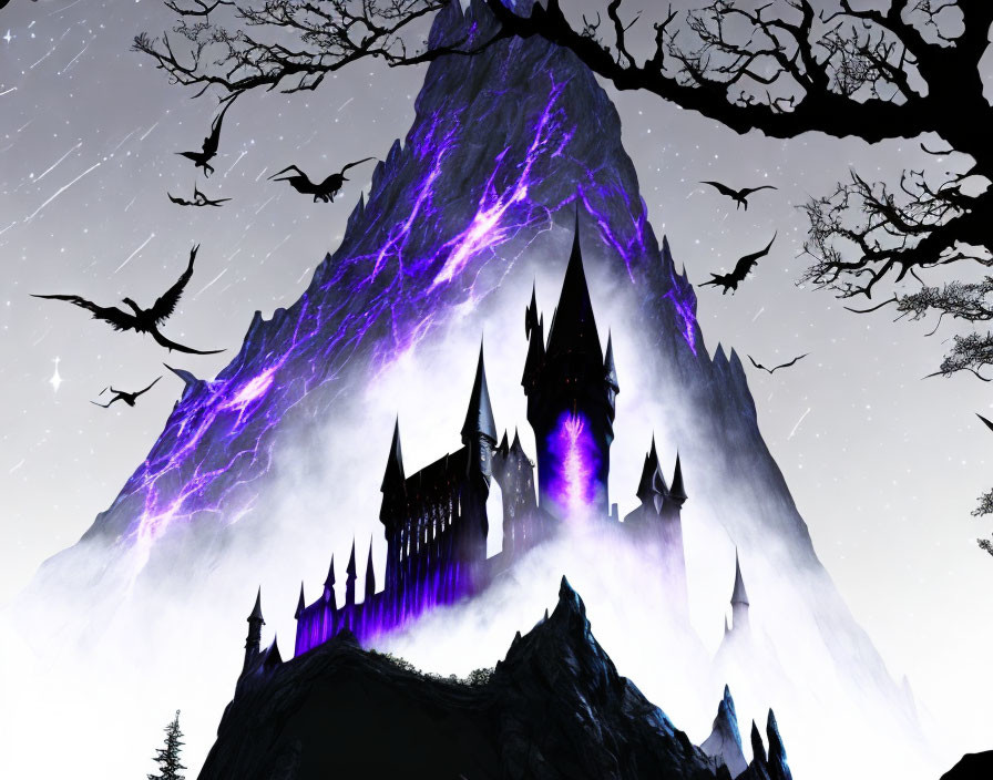 Fantasy castle with spires on mountain under purple lightning