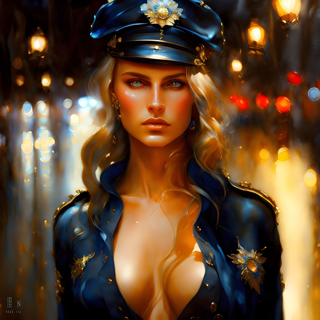 Digital artwork of woman in blue uniform with gold accents against bokeh background