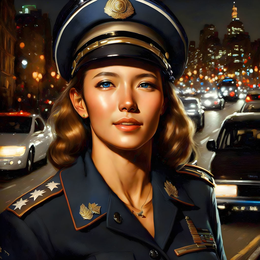 Digital artwork: Woman in police uniform, cityscape & traffic at night