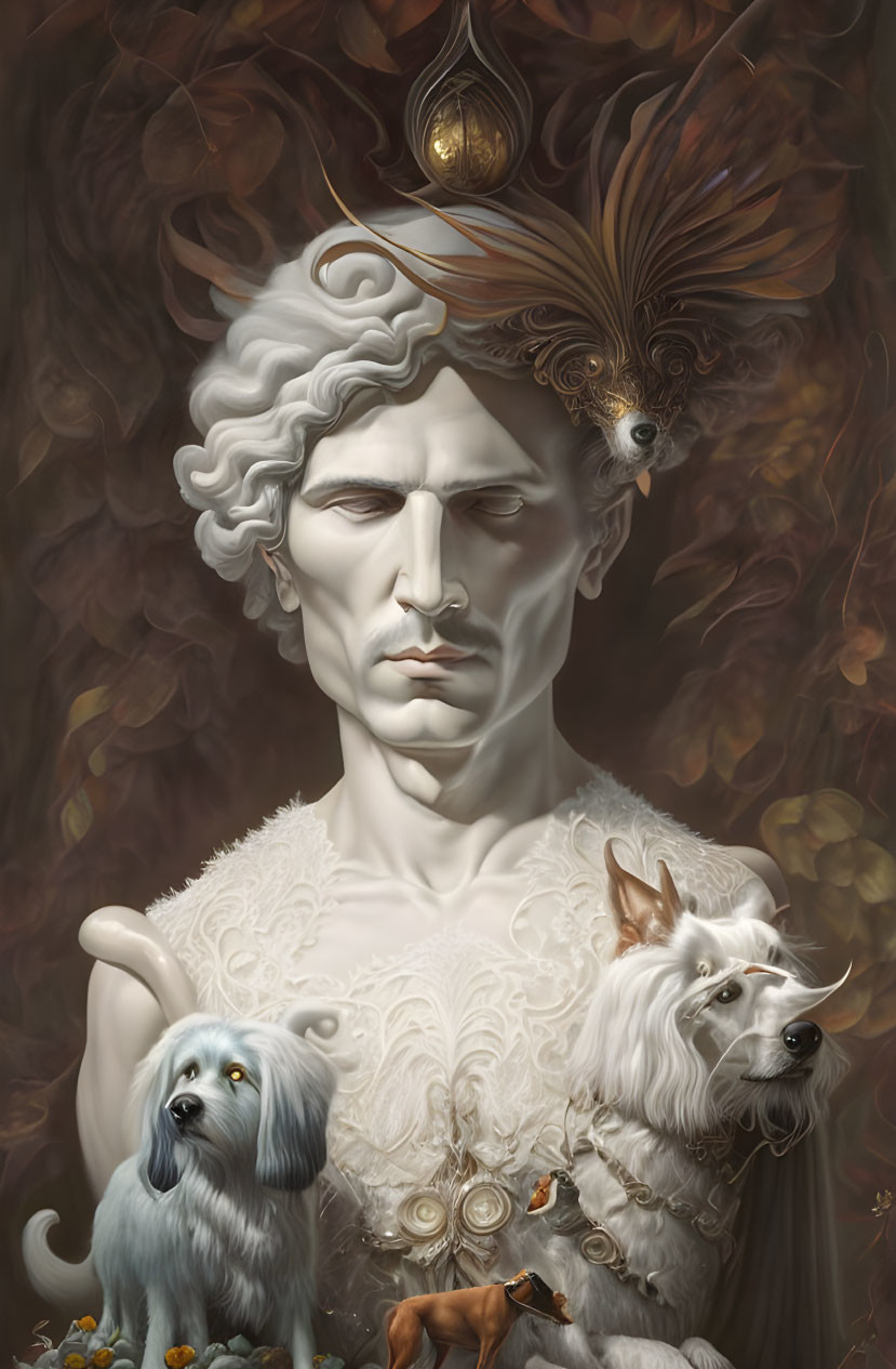 Intricate white hair man with ornate attire and dogs in surreal portrait