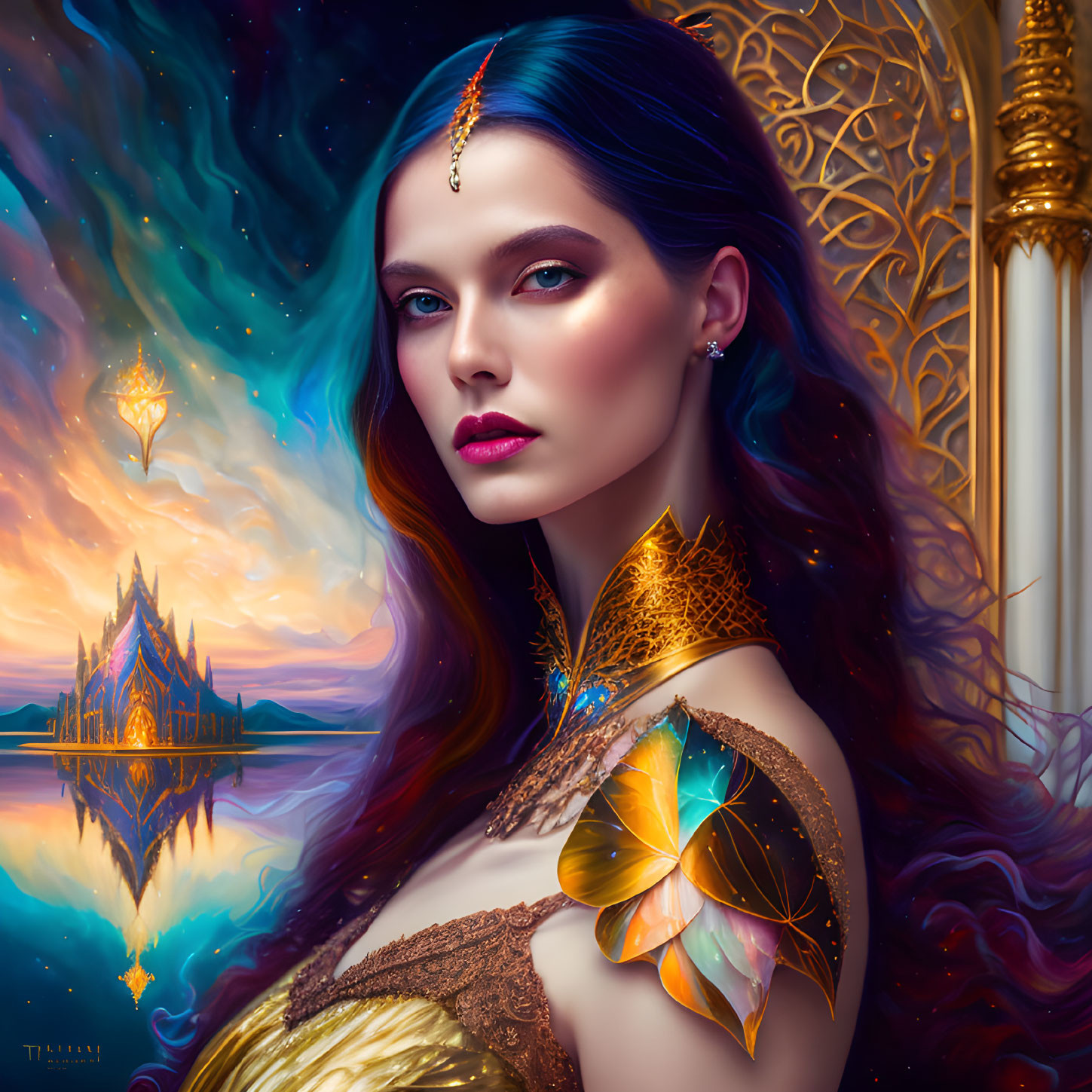 Regal woman with butterfly wings and fantasy castle in celestial setting