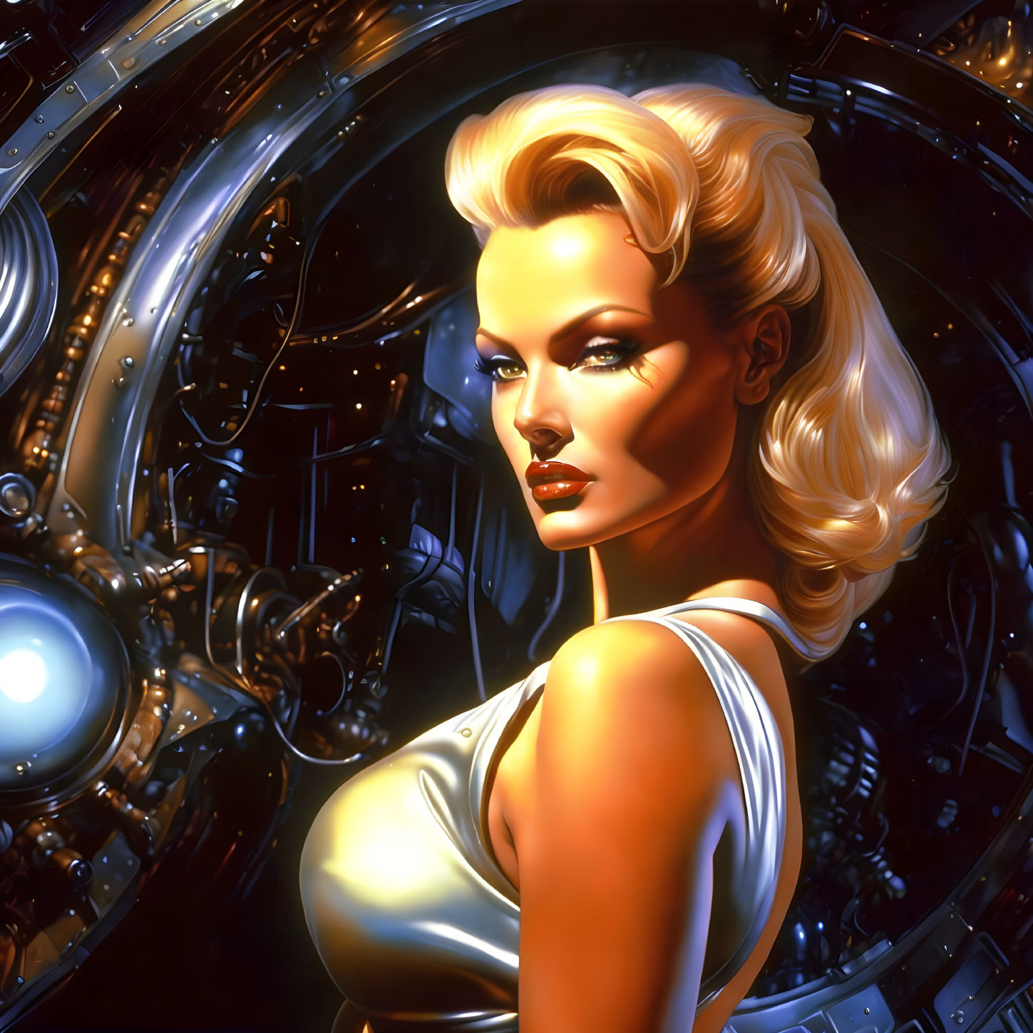 Futuristic illustration: Platinum blonde woman in metallic outfit