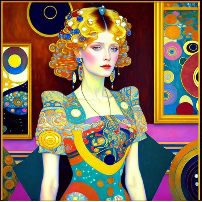 Stylized portrait of woman with red lipstick and golden hair accessories