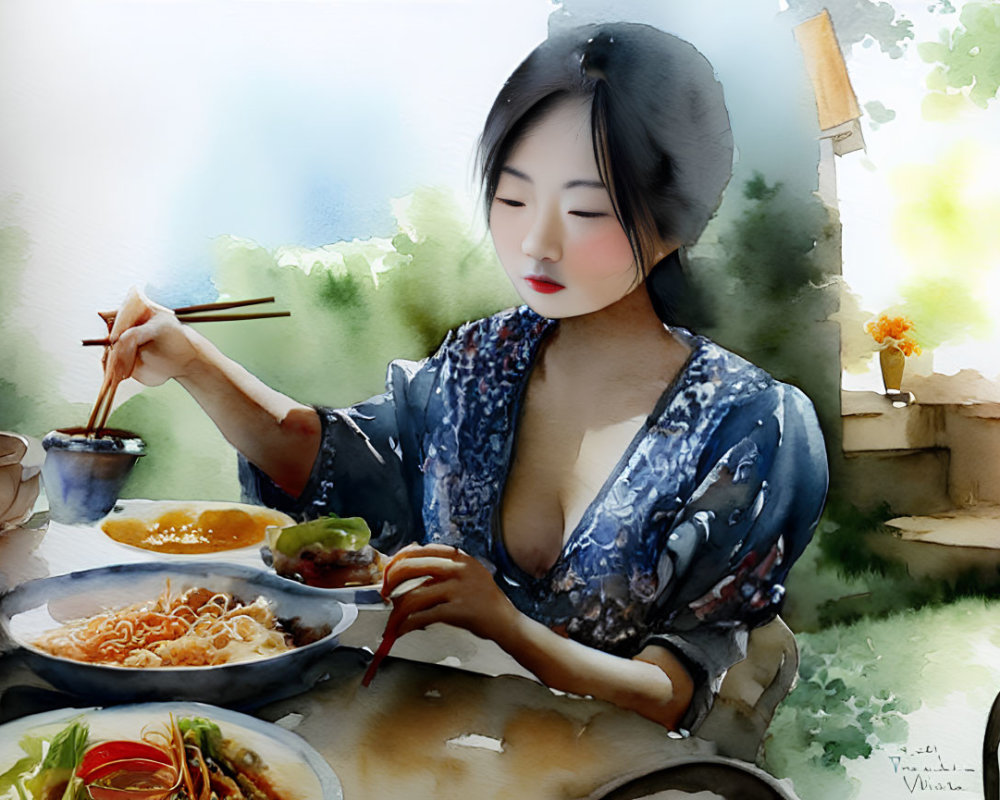 Woman eating with chopsticks from various dishes in blue garment illustration