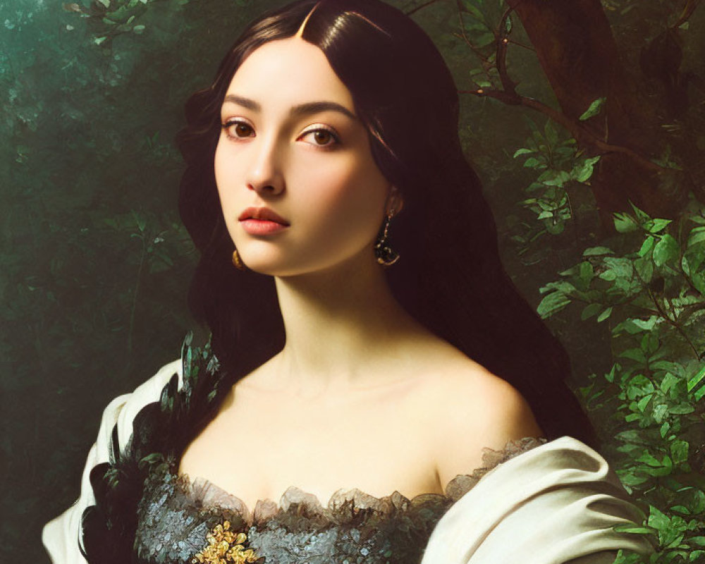 Portrait of woman with dark hair in white off-shoulder dress against forest background