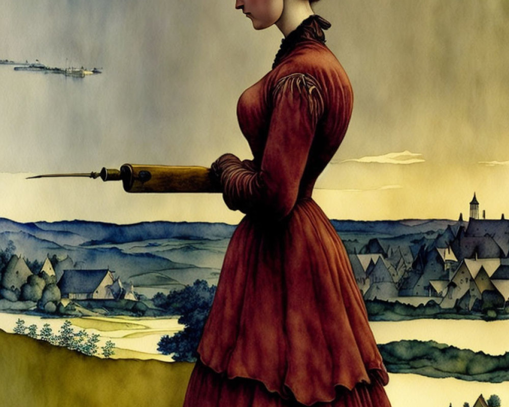 Vintage red dress woman with telescope in old-time village scene