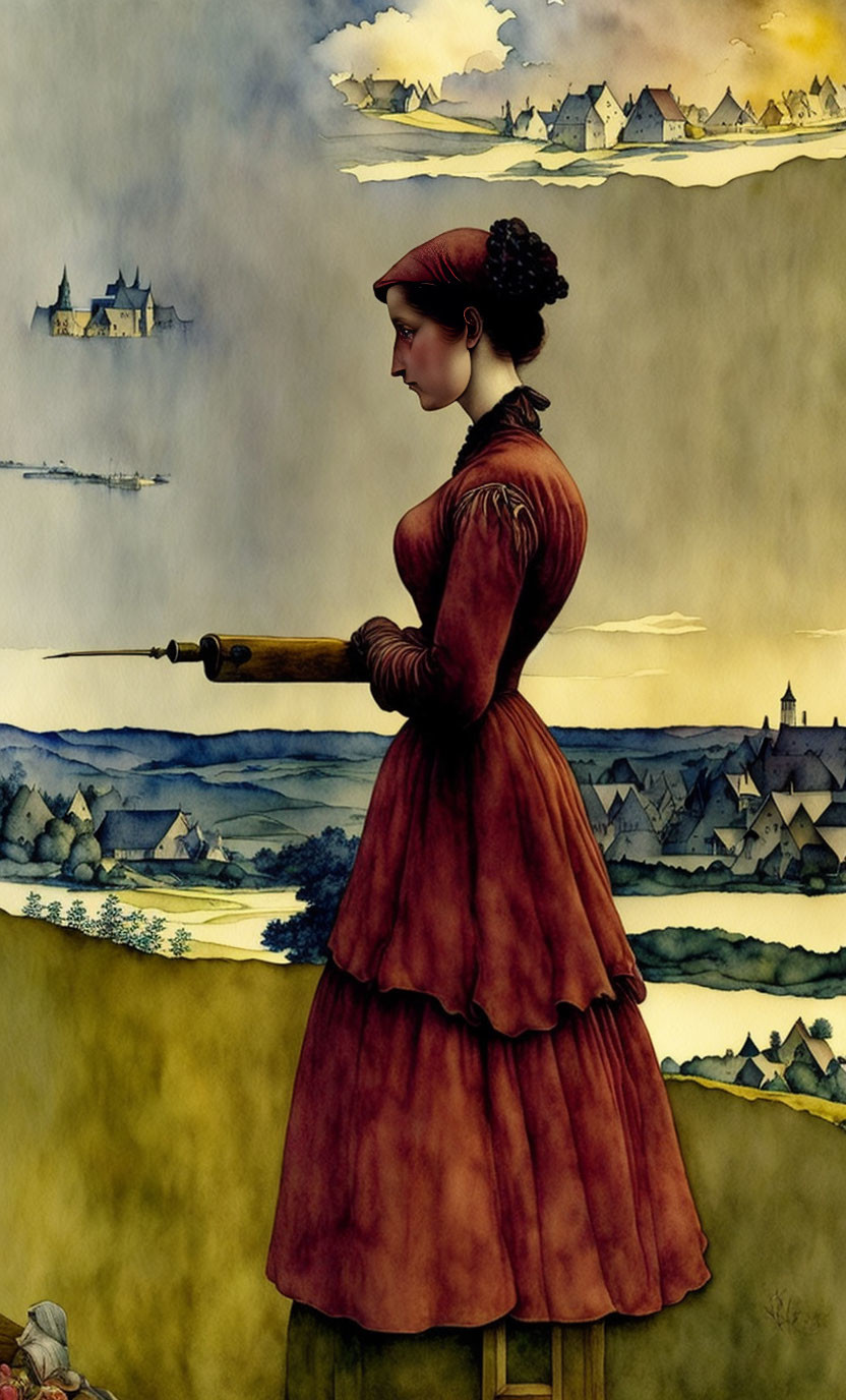 Vintage red dress woman with telescope in old-time village scene