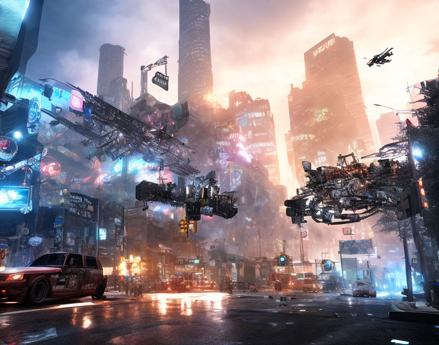 Futuristic cityscape with neon signs, flying vehicles, and skyscrapers