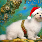 Fluffy White Dog in Santa Hat with Golden Beads on Ornate Background