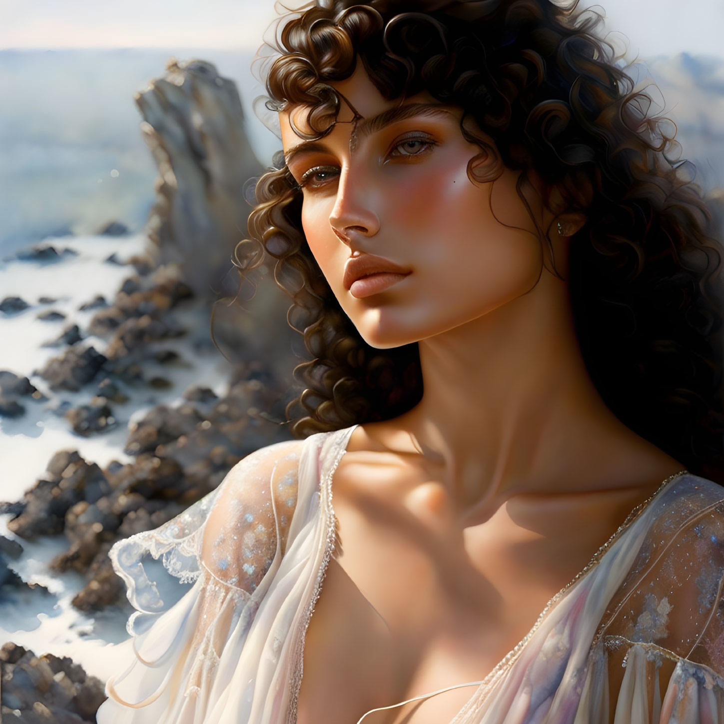 Curly-haired woman in sheer dress against coastal backdrop