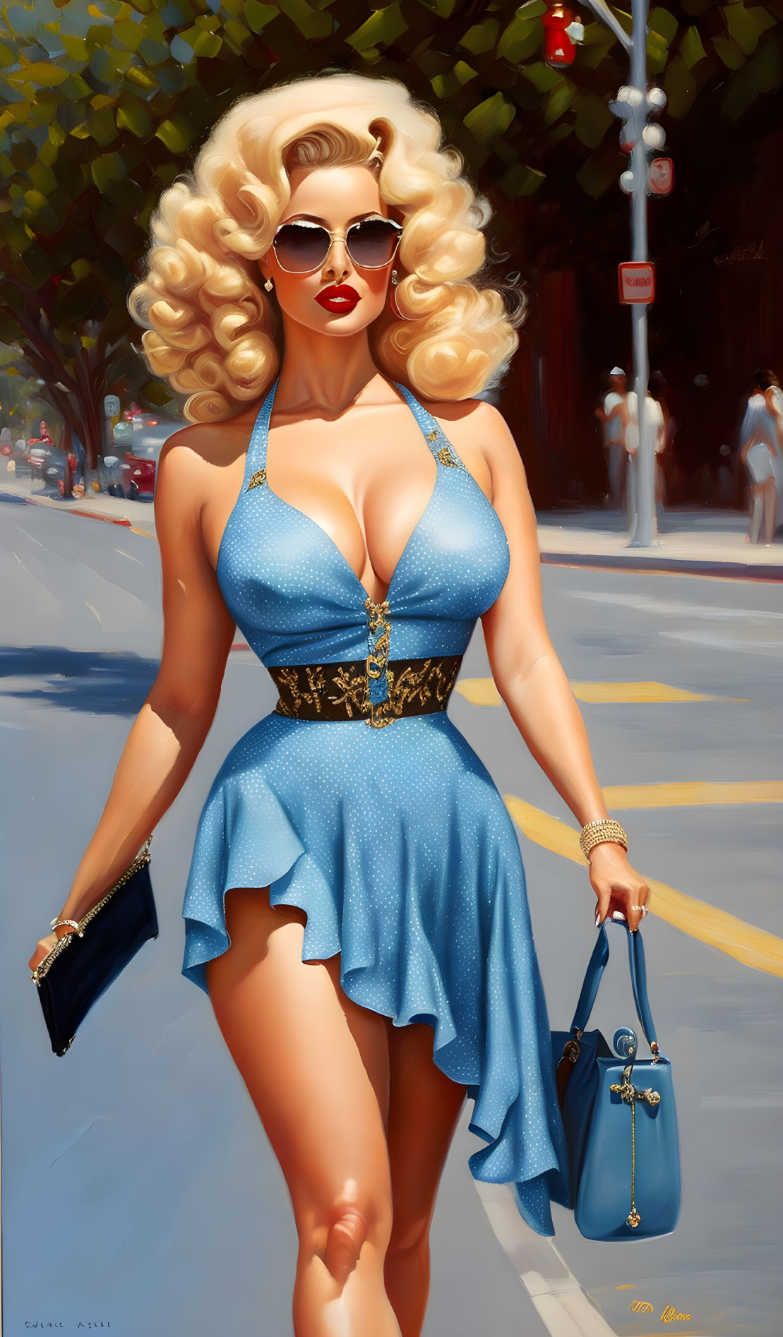 Blonde woman in blue dress with sunglasses walking on sunny street