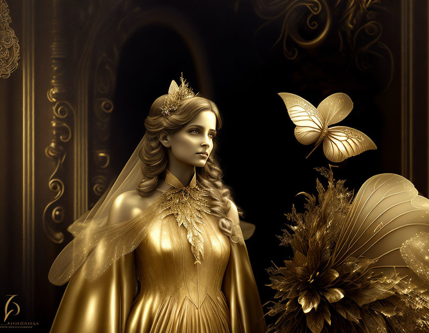 Regal woman in golden dress with butterfly and floral motifs