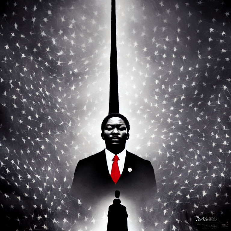 Monochromatic artistic depiction of a suited man backlit by radiant beam and stars