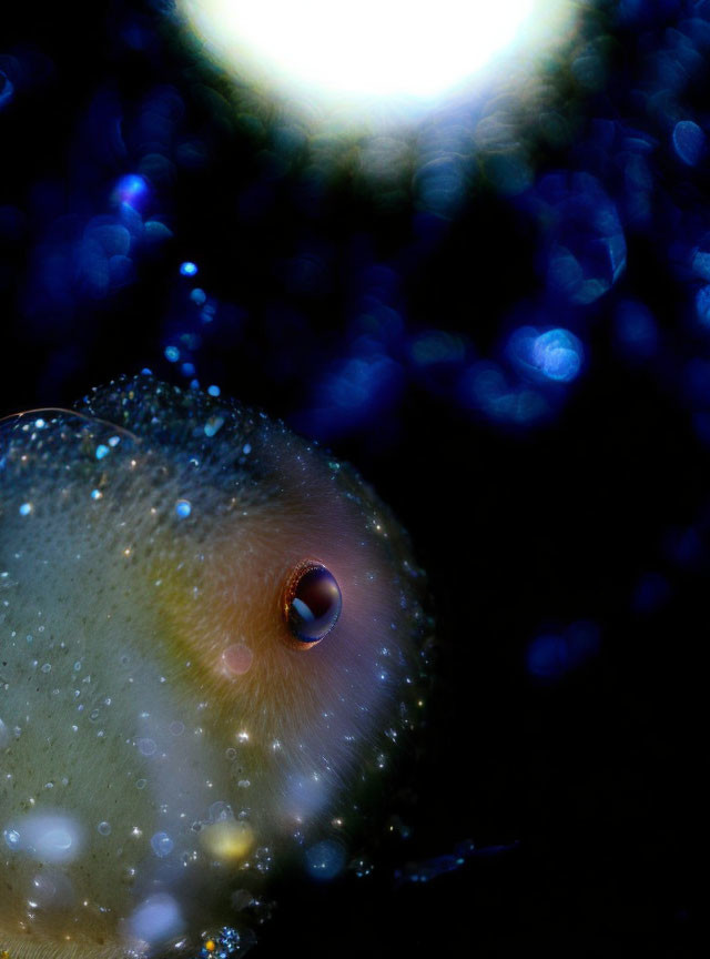 Mysterious creature's eye in dark with blue light & bubbles