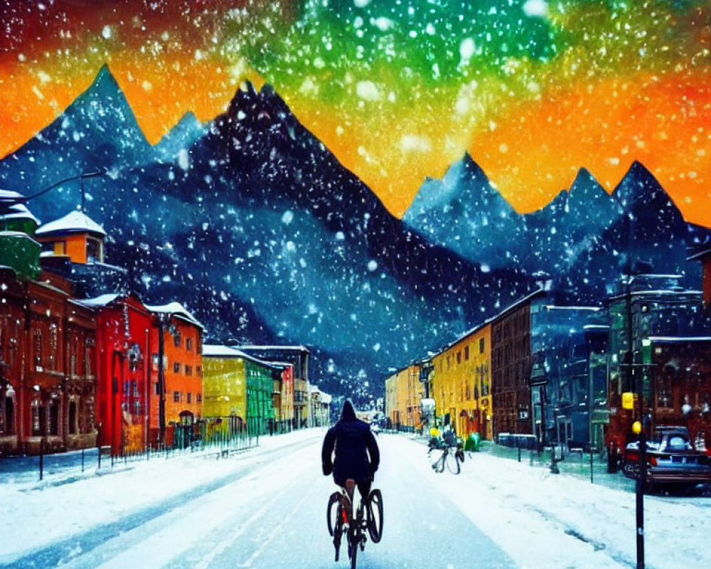 Person cycling on snowy street at dusk with colorful buildings, mountains, and starry sky.