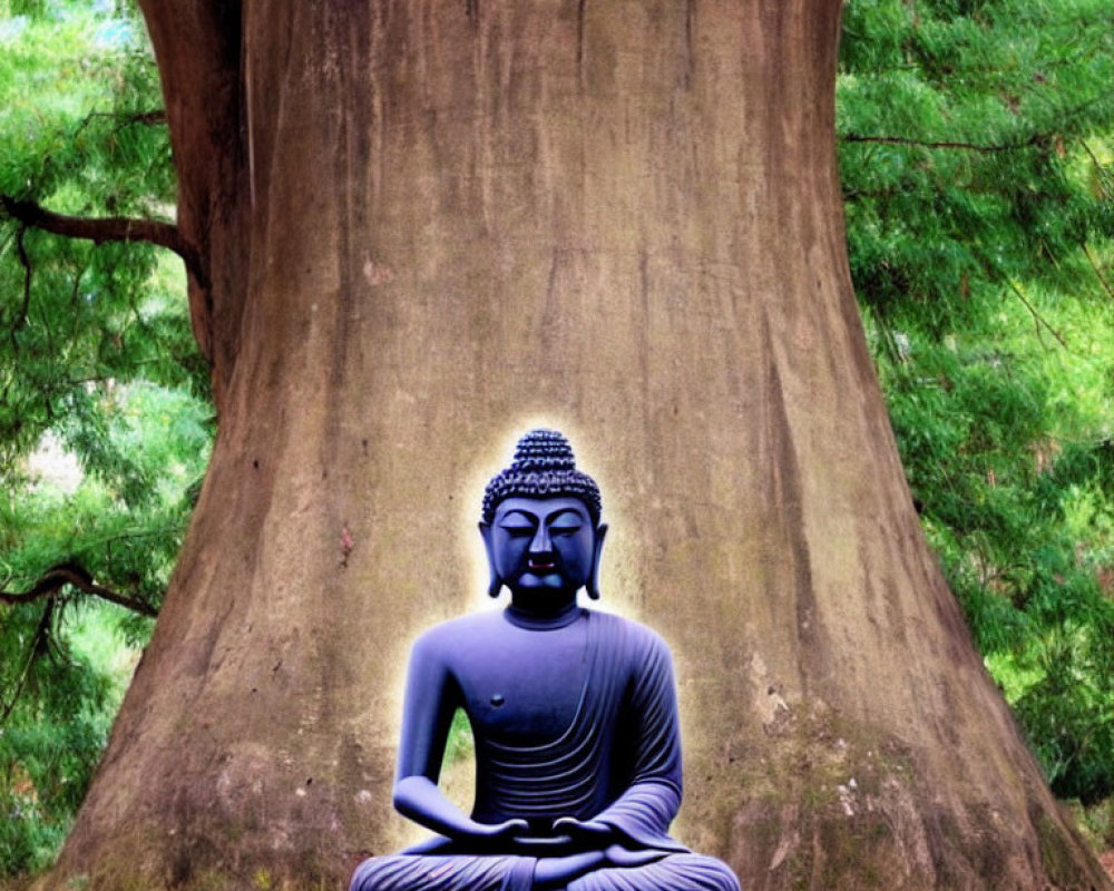 Serene Buddha statue meditating under lush tree.