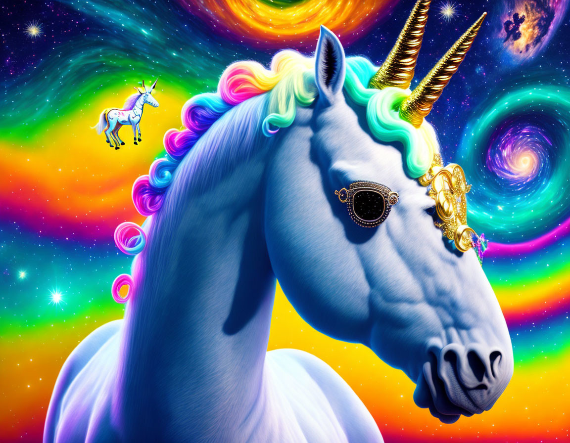 Colorful digital art: Majestic unicorn with rainbow mane in psychedelic space scene