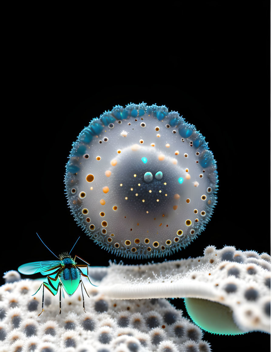 Blue fly on textured sea urchin shell with black background