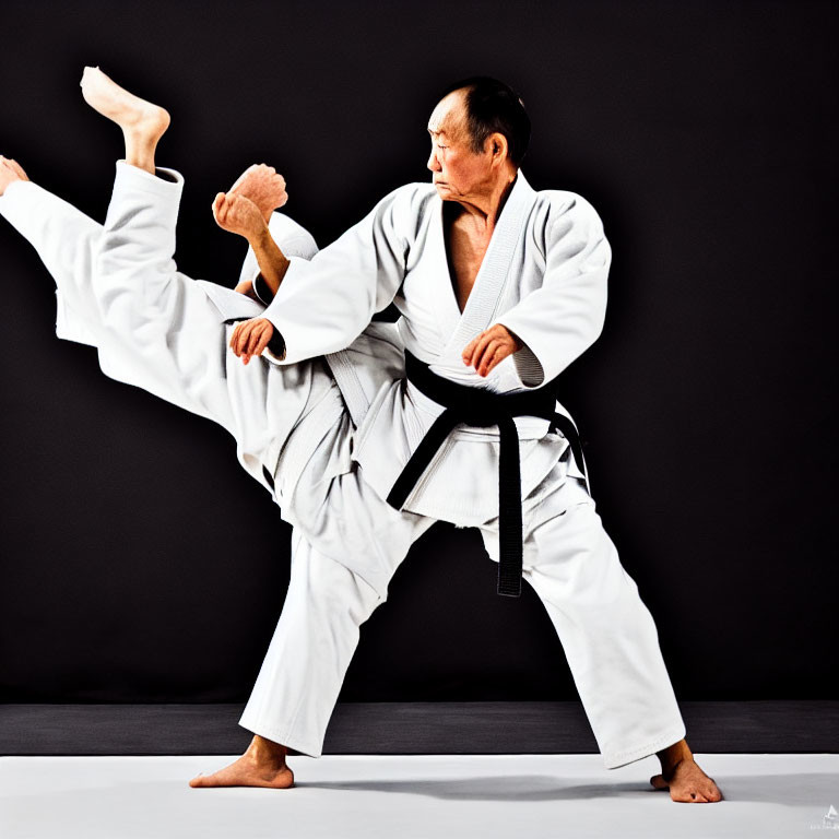 Martial artist in white gi and black belt executing high side kick