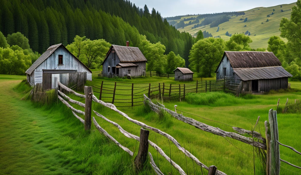 Rustic wooden houses and barns in lush green fields and rolling hills