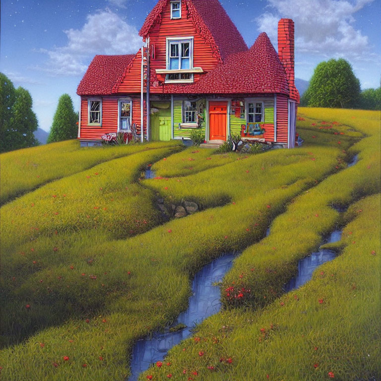 Vibrant Red House Painting on Rolling Hills with Stream and Flowers