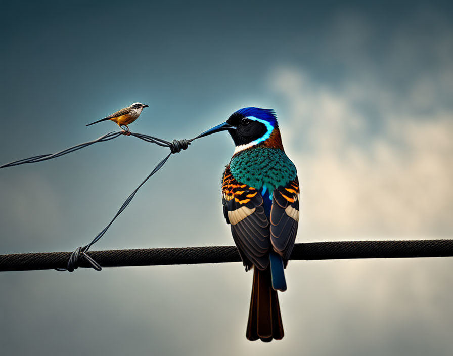 Colorful Bird Perched on Wire Against Moody Sky