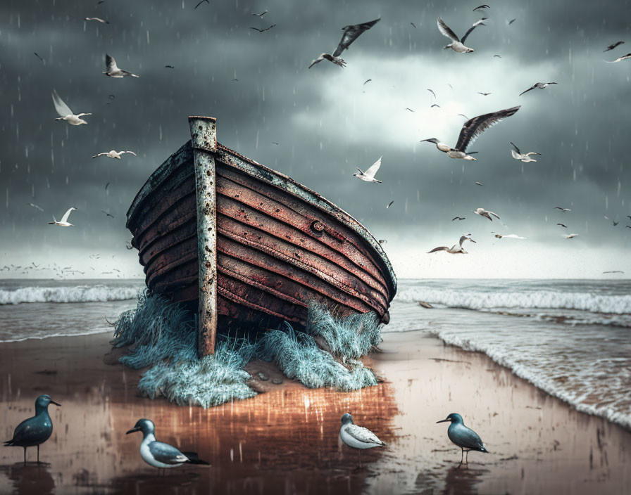 Rusty boat on wet beach with seagulls under stormy sky