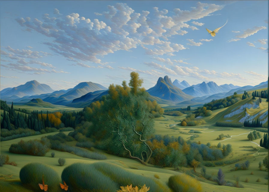 Idyllic landscape painting: green hills, trees, purple mountains, clear sky, yellow kite