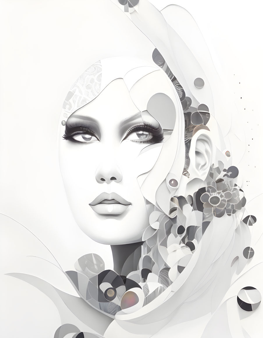 Monochrome artistic illustration of woman with swirling floral and geometric patterns