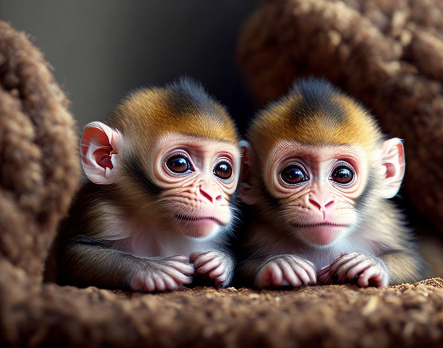 Curious Baby Monkeys Peering Over Wooden Ledge