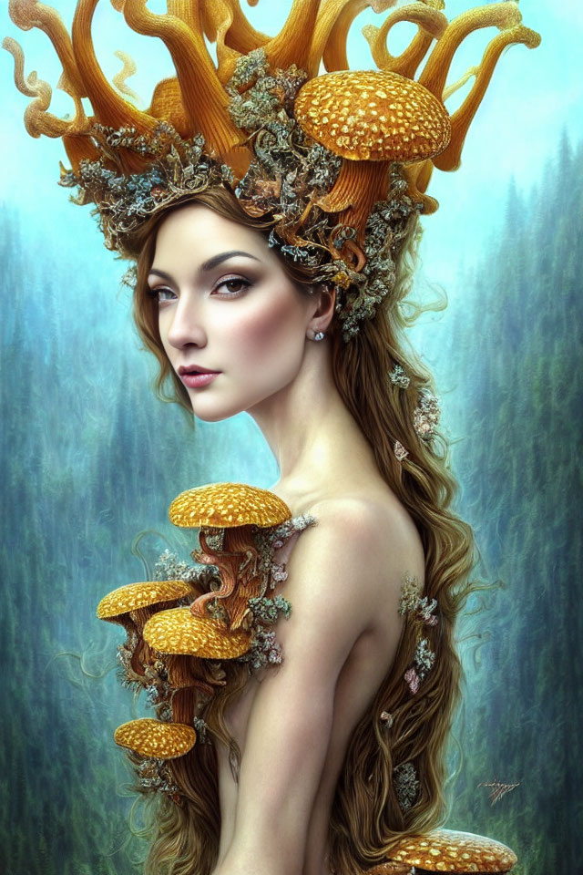 Fantasy-style woman with antler headdress in misty woodland