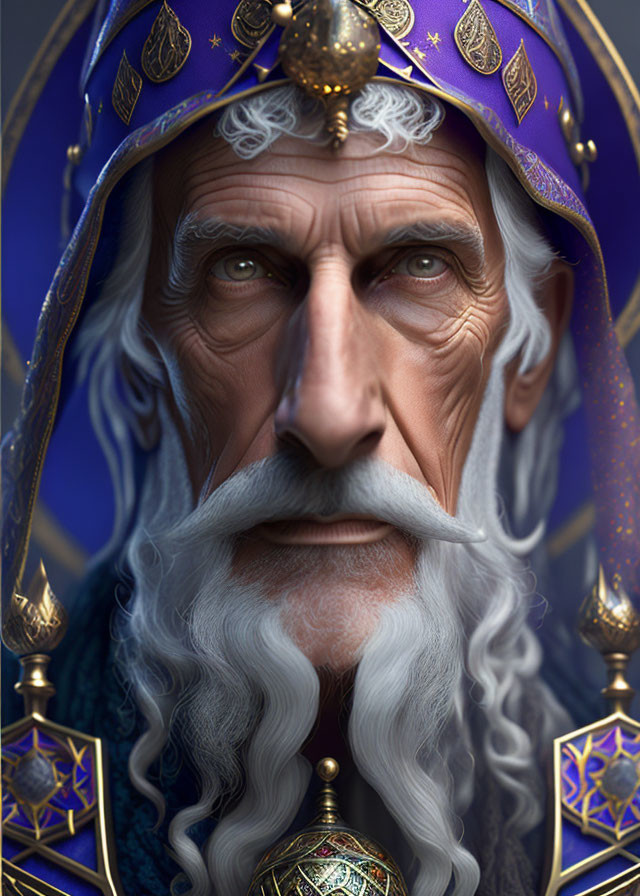 Elderly wizard with piercing eyes and star-patterned attire