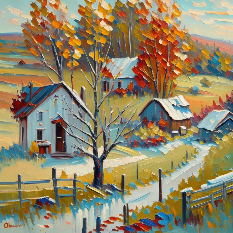 Colorful Autumn Trees in Pastoral Scene with White Farmhouse