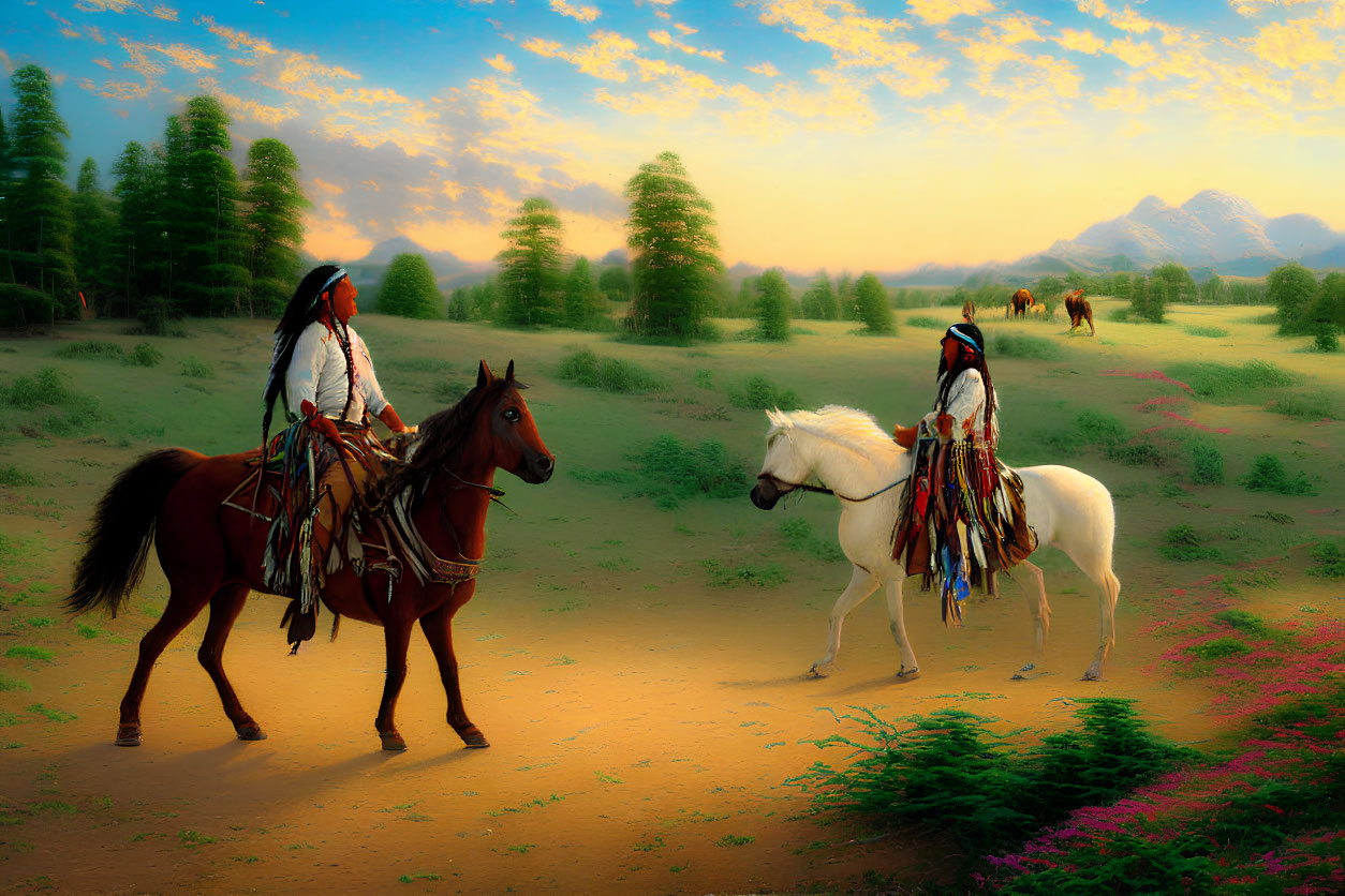 Indigenous individuals on horseback in tranquil meadow with mountains and colorful sky