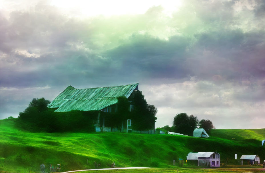 Rustic house and barn on vibrant green hills under dramatic sky