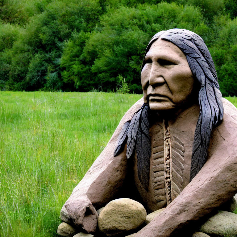 Native American sculpture in traditional attire amidst lush green foliage