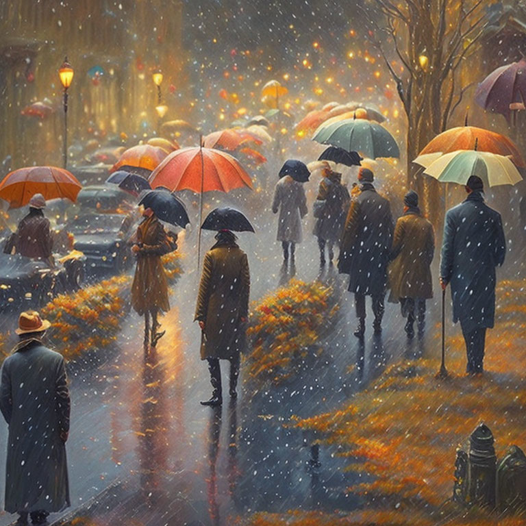 Rainy street scene: People with umbrellas on lamp-lit autumn street.