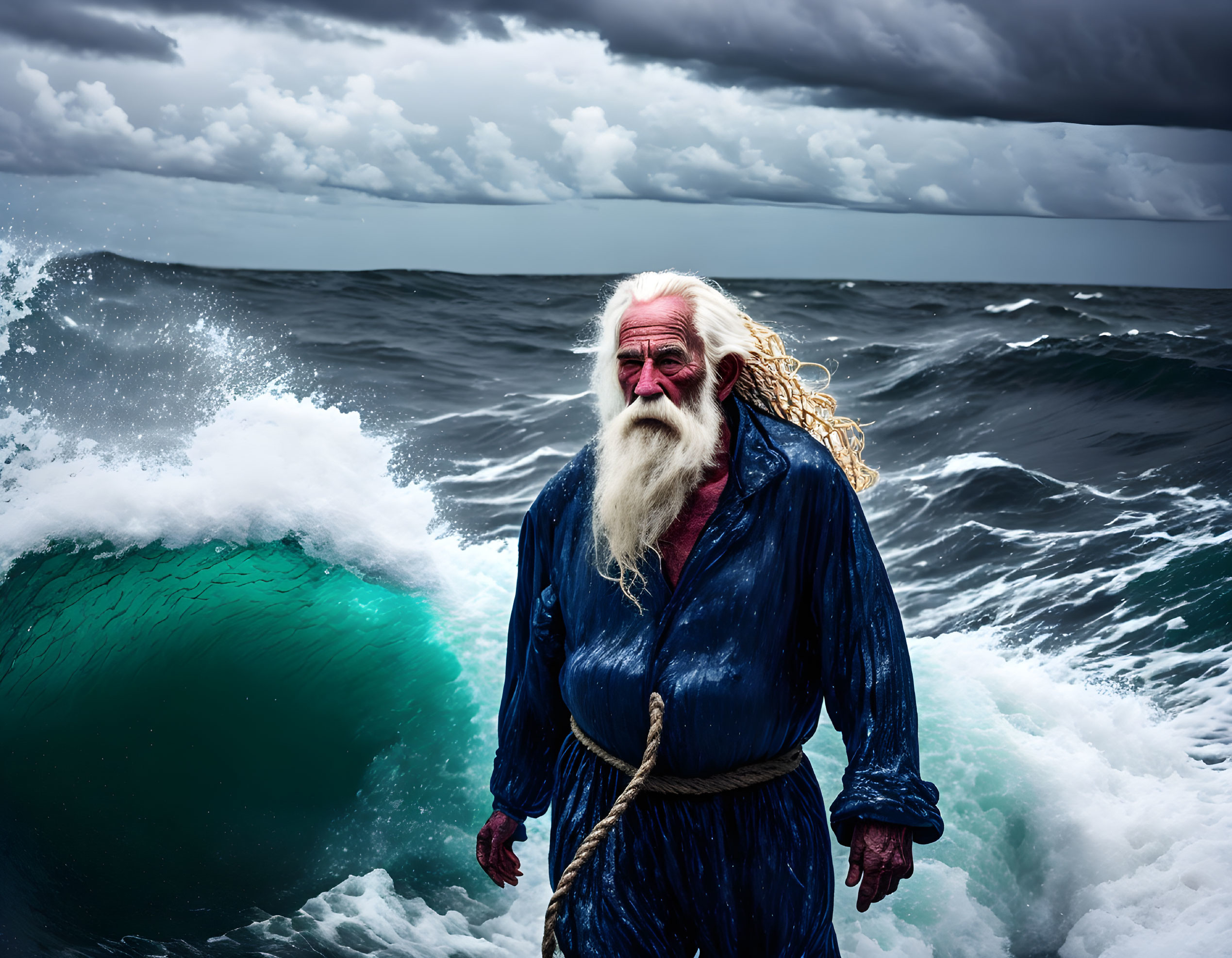 Elderly bearded man in front of stormy ocean waves