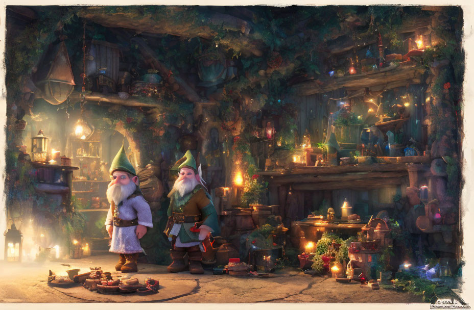 Whimsical cartoon gnomes in cozy underground setting