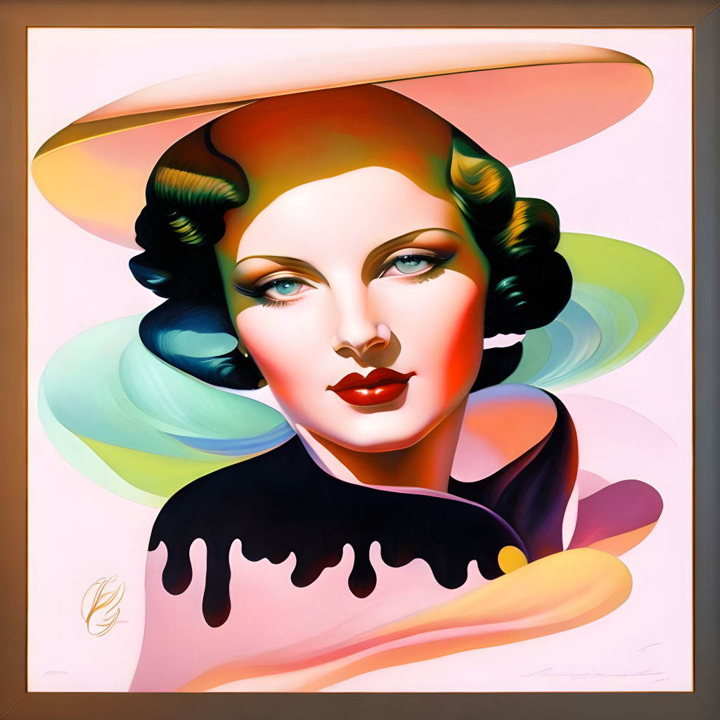 Colorful Stylized Portrait of Woman with Wide-Brimmed Hat & Surreal Elements