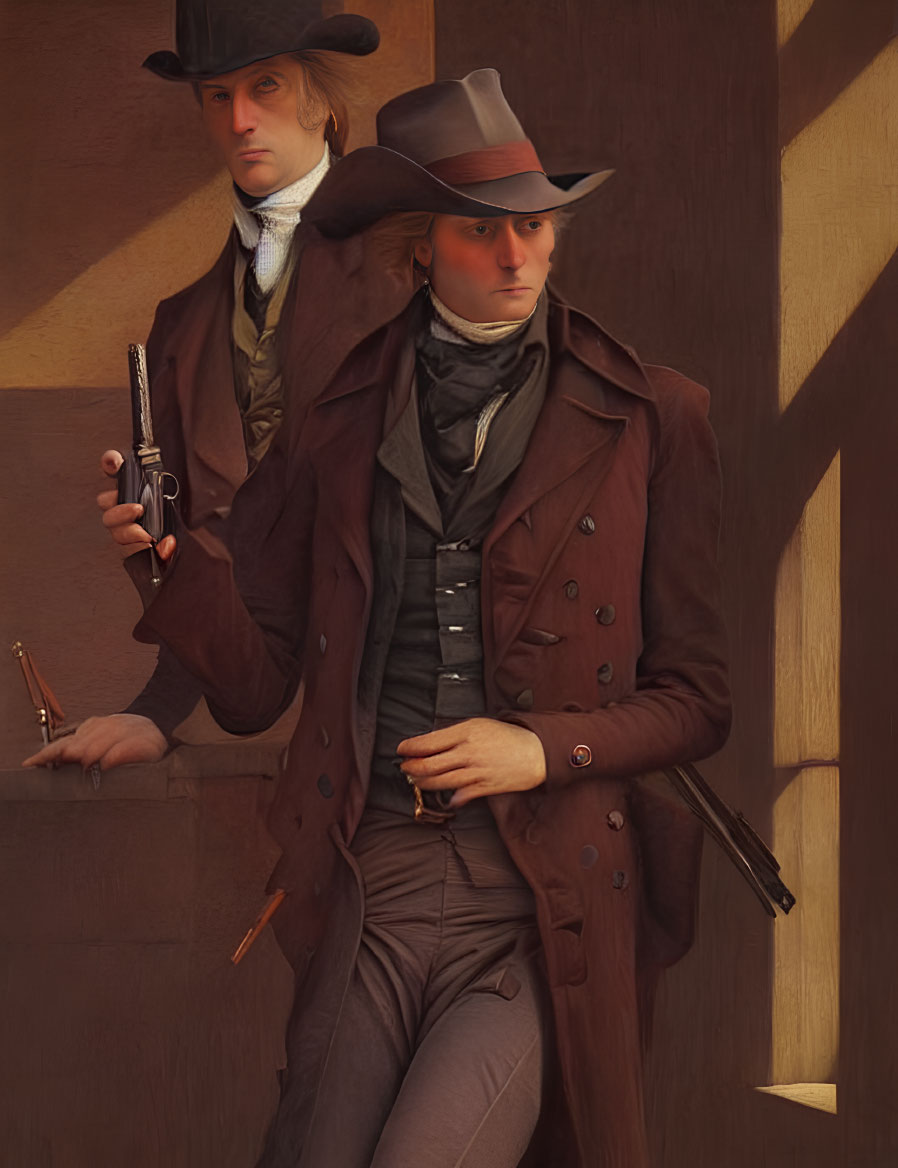 Men in 18th-Century Attire with Pistol Against Brown Wall