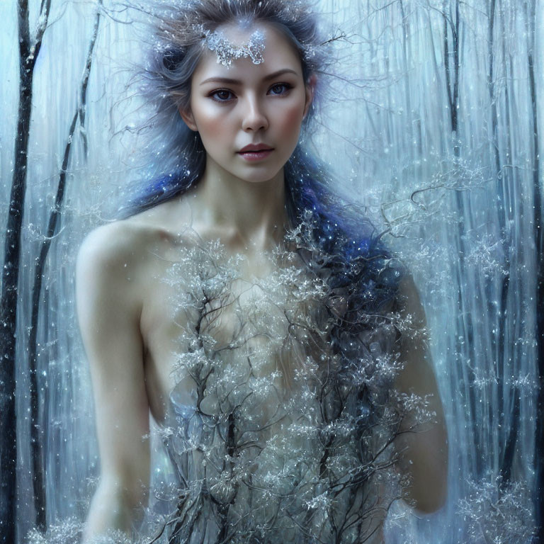 Ethereal makeup woman with crystal tiara in mystical winter scene