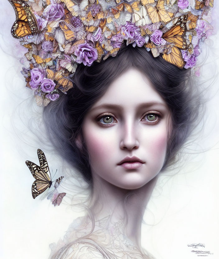 Fantasy portrait of woman with pale skin, grey eyes, purple flower crown, orange butterflies, eth