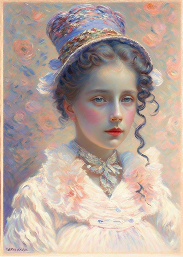 Portrait of girl with curly hair, hat, fluffy collar, bow, against pastel impressionist background