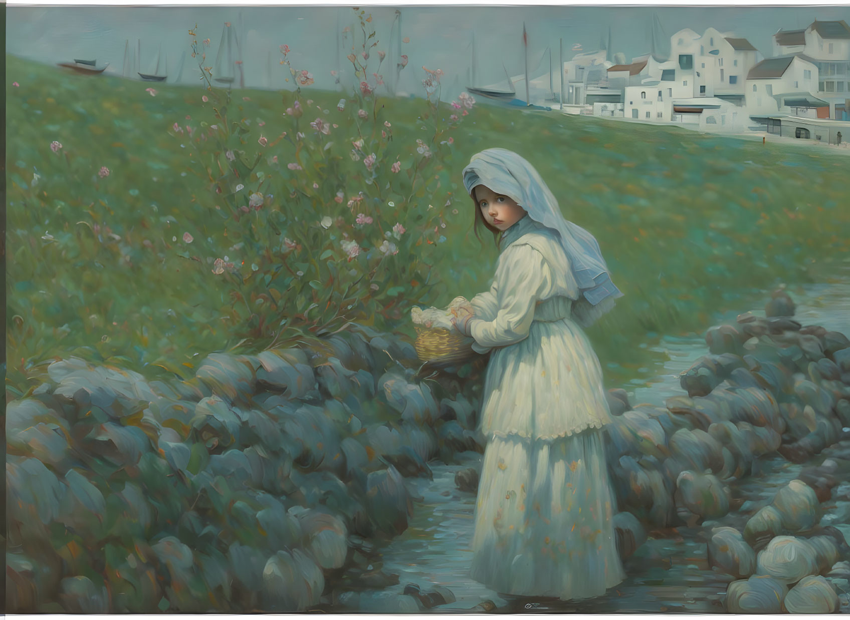 Young girl in blue dress and bonnet near coastal town with boats.