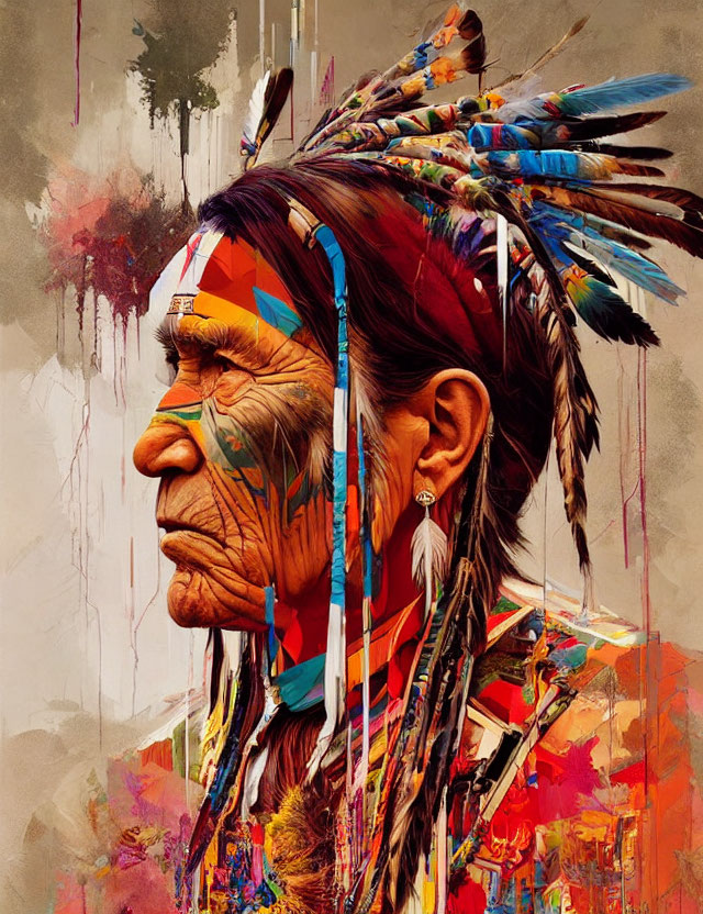 Native American elder with colorful headdress and face paint in vibrant abstract art