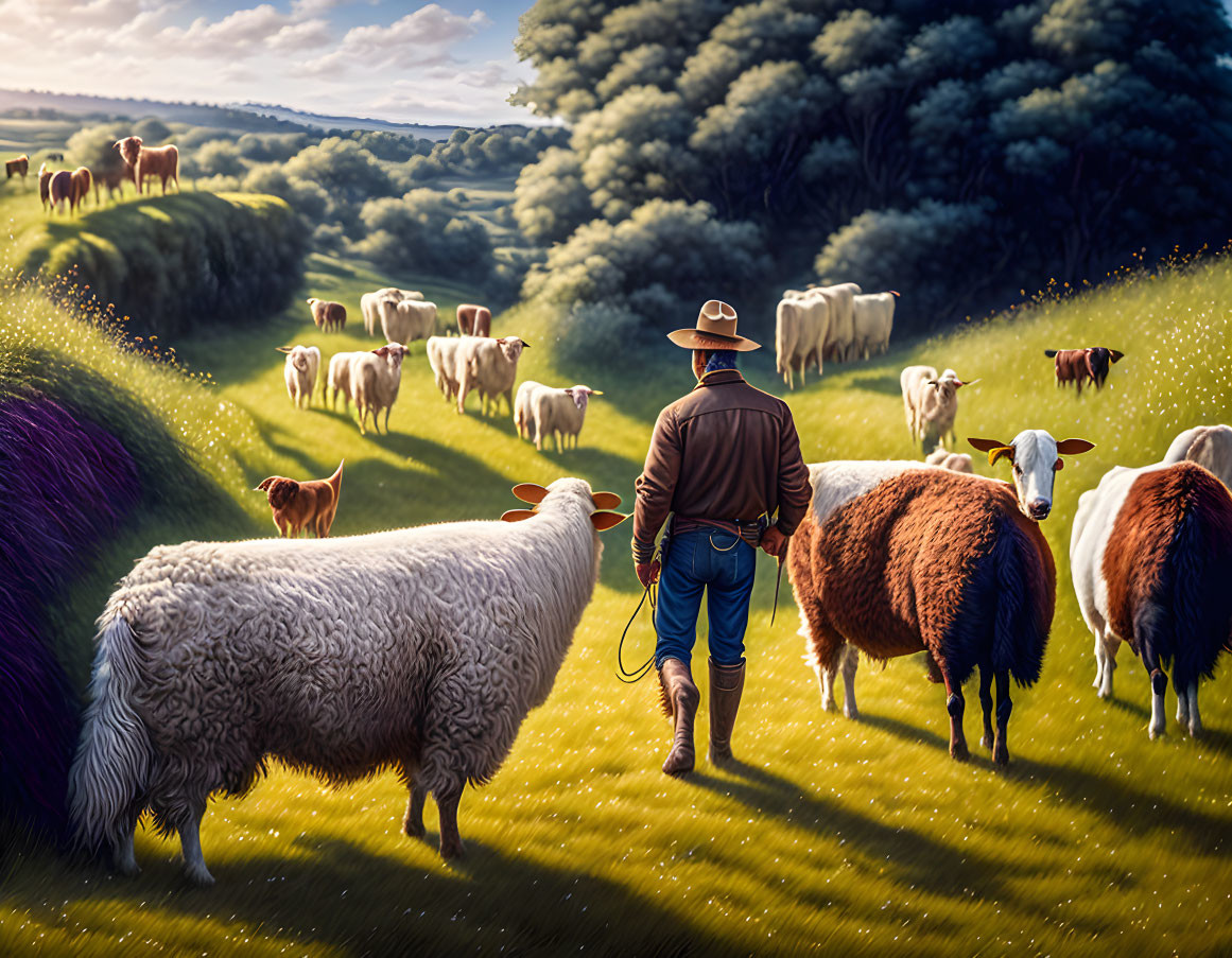 Shepherd with flock of sheep in green pasture at sunset