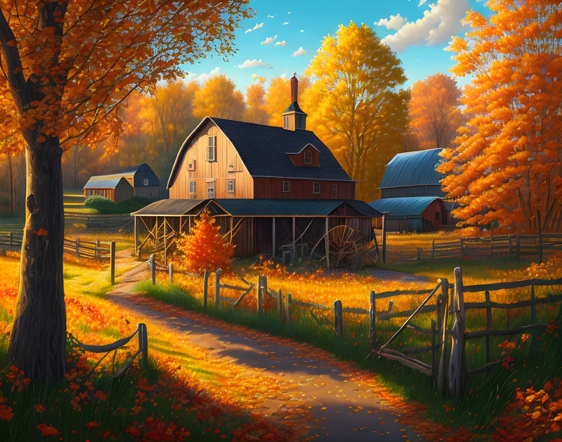 Traditional red barn in serene autumn landscape with golden foliage under warm sky