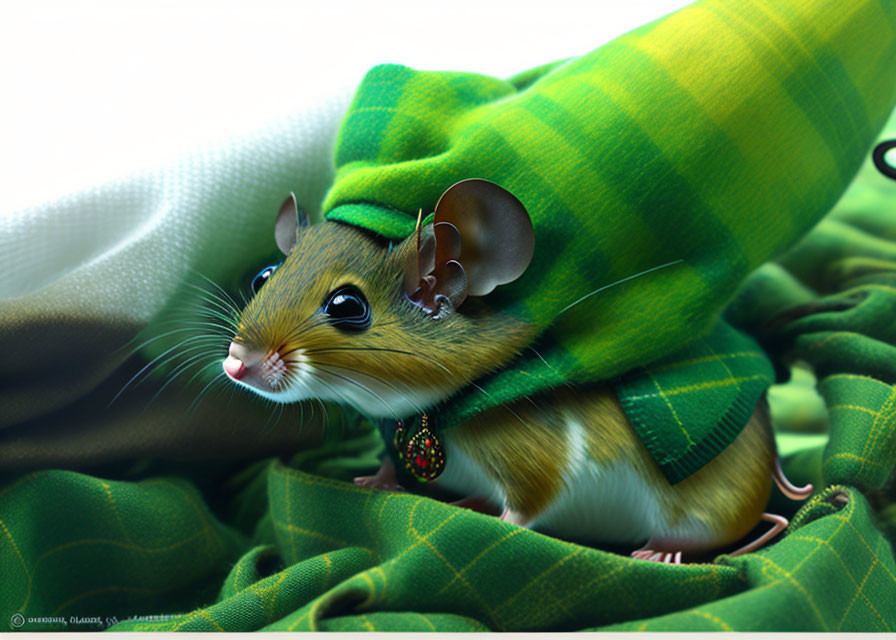 Anthropomorphized mouse in green and yellow outfit peeking out from fabric